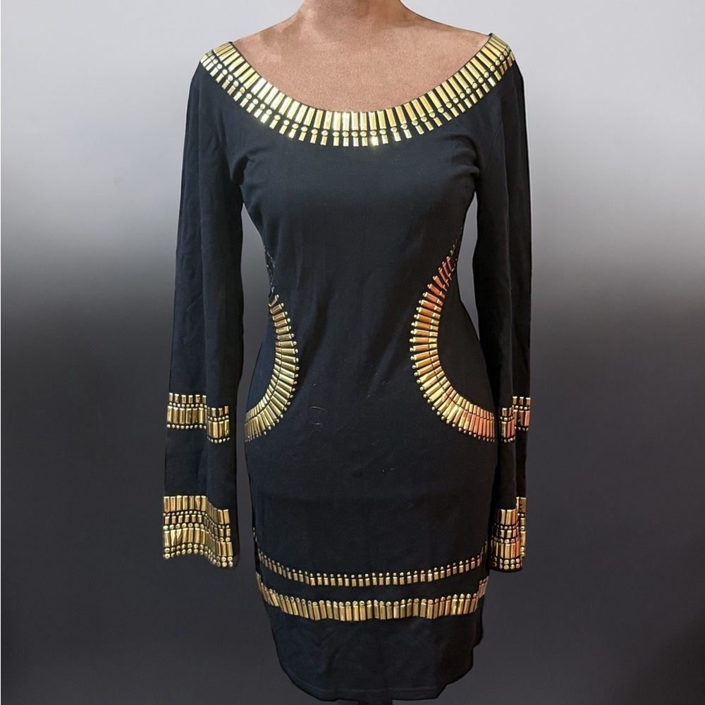 Hera Collection Black Long Sleeve Dress with Gold Accent Detailing